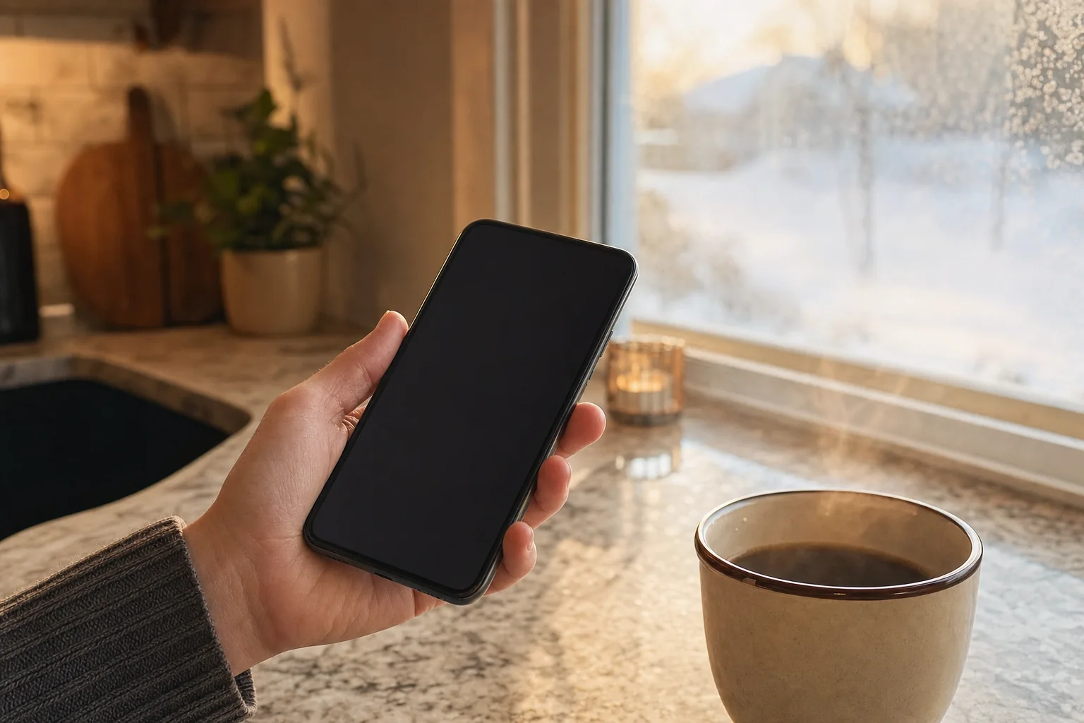 Téléphone en main dans une cuisine en hiver