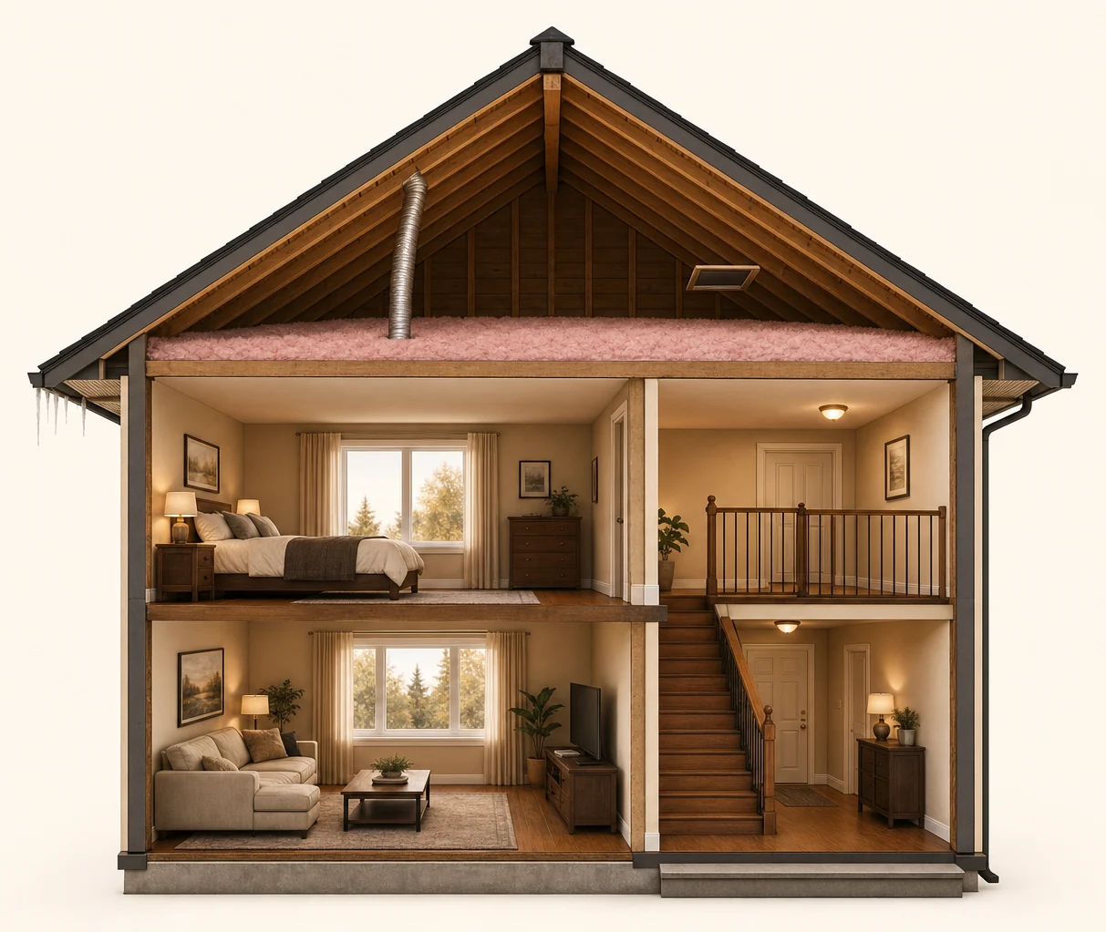 Maison en coupe montrant l'entretoit isolé, la ventilation, le conduit de salle de bain et les fenêtres